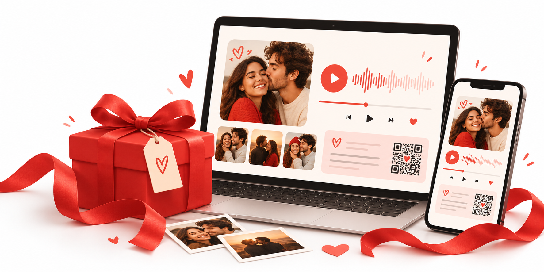 Song gift page on laptop and phone with photos and QR code